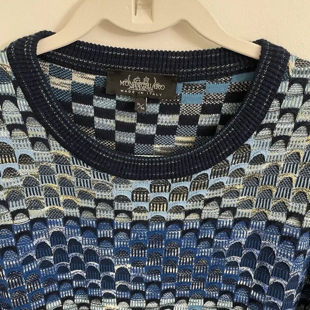 Montechiaro Sweater Mens XL Blue Geometric Print Pullover Crewneck Italy Vintage